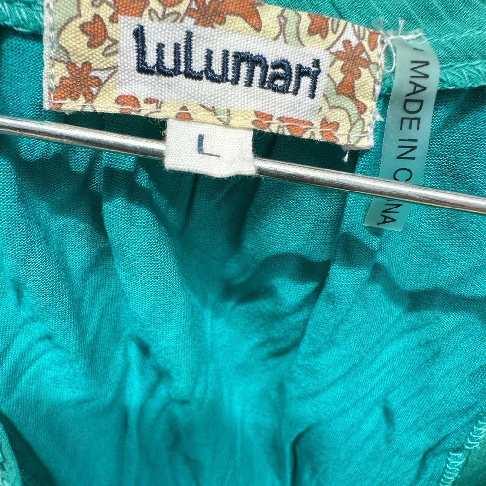 Lulumari NWOT Turquoise Yellow Green Top Shirt Appliqué Embroidered Large - Picture 13 of 13